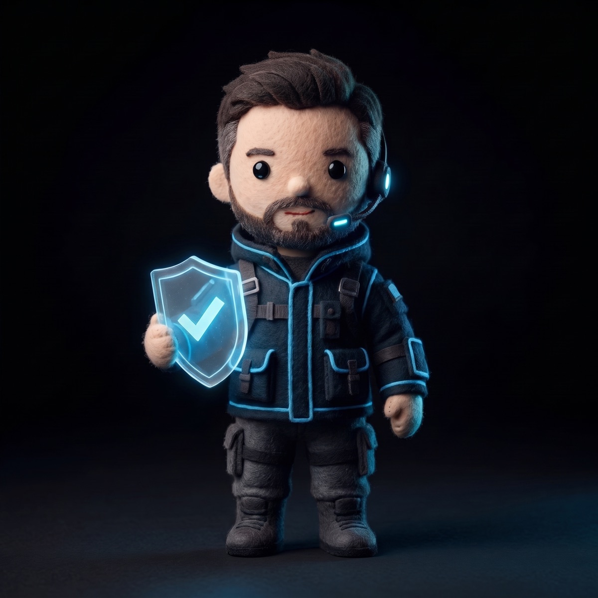 Personaje de tela de WITS con chamarra azul sosteniendo un escudo con palomita