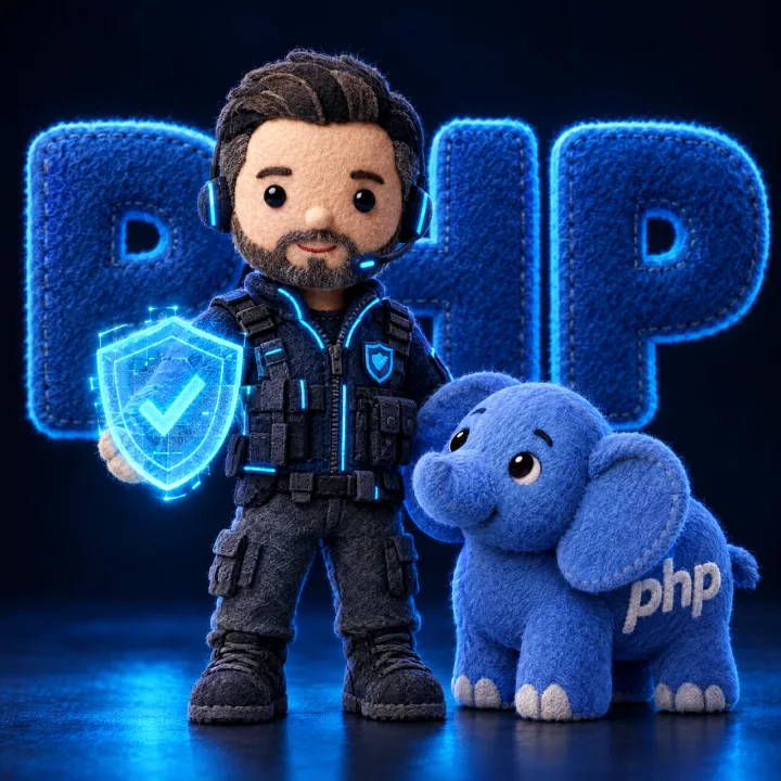 Personaje de tela de WITS con escudo de seguridad junto al elefante de PHP